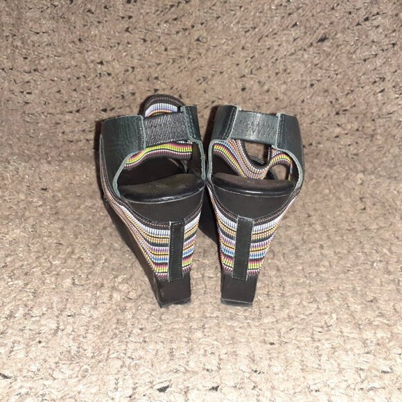 UNITED NUDE-Colorful Rainbow Elastic Strap-Black Leather Wedge-Sz 36-Excellent - Picture 6 of 8